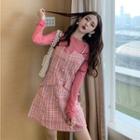 Plain Long-sleeve T-shirt / Tweed Spaghetti Strap Mini A-line Dress