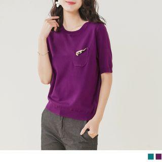 Short Sleeve Leopard Pocket Knit Top