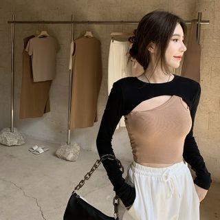 Plain Long-sleeve Shawl / Sleeveless Top