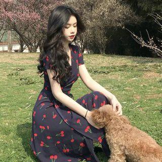 Printed Short Sleeve V-neck Dress