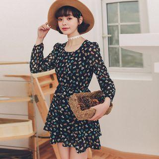 Gathered-waist Long-sleeved Floral Print A-line Sheath Dress
