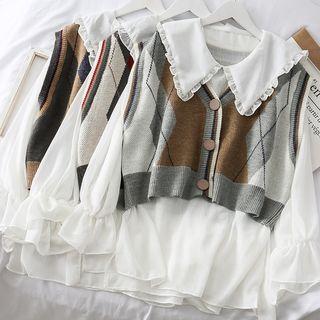 Set: Ruffled-trim Chiffon Top + Argyle Knit Vest