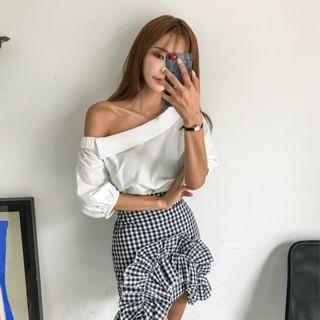 Collared Off-shoulder Puff-sleeve Top