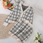 Set Of 2 : V-neck Lattice Knit Top + A-line Skirt Almond - One Size