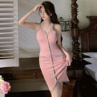 Halter-neck Contrast Trim Knit Sheath Dress Pink - One Size