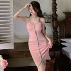 Halter-neck Contrast Trim Knit Sheath Dress Pink - One Size