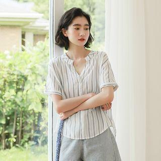 Stripe Short-sleeve Blouse Blue - One Size