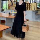 Set: Elbow-sleeve Crochet Trim A-line Midi Dress + Bandeau
