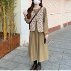 Floral Print Button-up Vest / Long-sleeve Midi A-line Dress