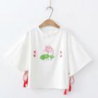 3/4-sleeve Flower Printed T-shirt