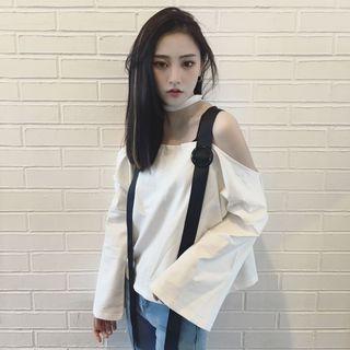 Contrast Trim Strap Off Should Long Sleeve Top