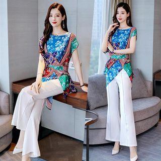 Set: Cap Sleeve Printed Asymmetrical Hem Top + Plain Boot-cut Pants
