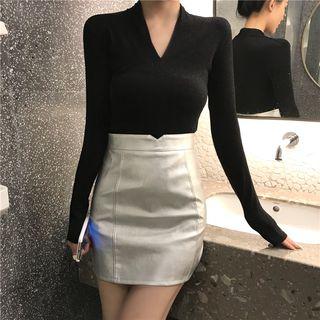 V-neck Long-sleeve Top/ Faux Leather Mini Pencil Skirt