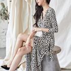 Leopard Print 3/4-sleeve Maxi Wrap Dress