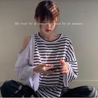 Long-sleeve Cold Shoulder Striped Paneled T-shirt As Shown In Figure - One Size