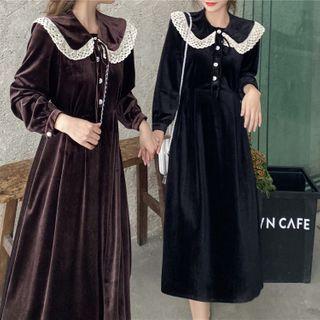 Long-sleeve Removable Collar Velvet Midi Dress