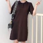 Plain Elbow-sleeve Knit Polo Shirt Dress