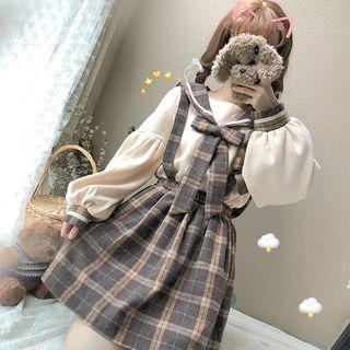 Bow-accent Blouse / Plaid Suspender Pants / Mini A-line Suspender Skirt