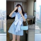 Puff Sleeve Shirtdress With Front Knot Camisole Blue - One Size
