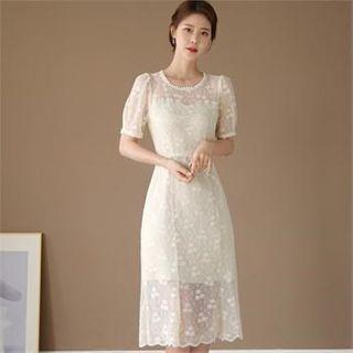 Puff-sleeve Lace-overlay Dress