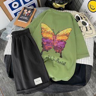 Butterfly Printed Short-sleeve T-shirt / High-waist Applique Shorts