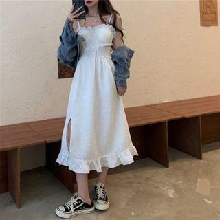 Spaghetti Strap Frill Trim Midi A-line Dress / Denim Jacket