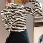 Mock-neck Long-sleeve Zebra Print T-shirt