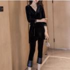 Set: 3/4-sleeve Velvet Wrap Top + Paneled Straight-cut Pants