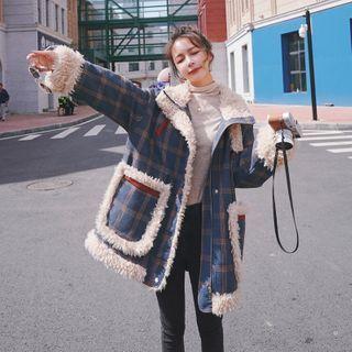 Shearling Panel Plaid Coat