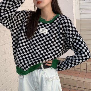 Contrast Trim Plaid Cropped Knit Top