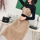 Plain Long-sleeve Knit Top / Contrast Trim Spaghetti Strap A-line Dress / Set