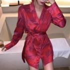 Leaf Print Tie-waist Mini Shirtdress Red & Purple - One Size