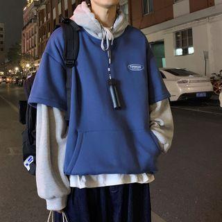 Mock Two-piece Lettering Print Drawstring Hoodie