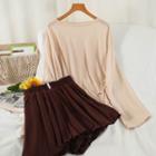Set: Long-sleeve T-shirt + Wide-leg Shorts Almond - One Size