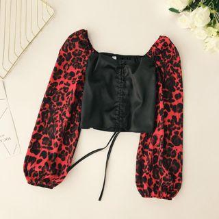 Leopard Print Sleeve Drawstring Crop Top