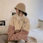 Zip-up Color-block Lettering Fleece Sweatshirt
