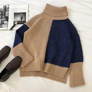 Color-block Turtle-neck Long-sleeve Sweater Khaki - One Size