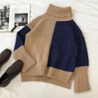 Color-block Turtle-neck Long-sleeve Sweater Khaki - One Size