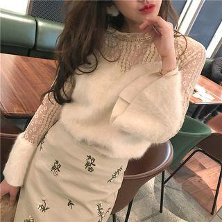 Lace See-through Bell-sleeve Blouse / Floral Faux-leather Skirt