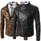 Faux-leather Diagonal Zipped Biker Jacket