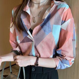 Long-sleeve Printed Open-collar Shirt
