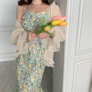 Spaghetti Strap Floral Ruffle-hem Midi Dress / Open-front Mesh Jacket