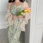 Spaghetti Strap Floral Ruffle-hem Midi Dress / Open-front Mesh Jacket