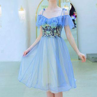 Flower Embroidered Cold Shoulder A-line Cocktail Dress