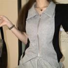 Short Sleeve Two Tone Zip-up Crop Cardigan Black & Gray - One Size