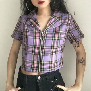 Front Zip Plaid Short-sleeve Cropped Blouse