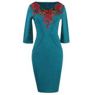 Flower Embroidered 3/4 Sleeve Midi Dress