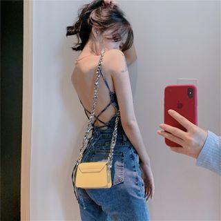 Spaghetti Strap Lace-up Back Boot-cut Denim Jumpsuit