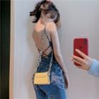 Spaghetti Strap Lace-up Back Boot-cut Denim Jumpsuit