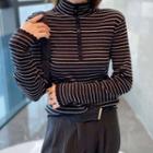 Long-sleeve Striped Buttoned Mock-neck Knit Top